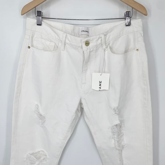 FRAME Le Garçon Straight Leg Ripped Rumpled Blanc Distressed Boyfriend Jeans - Picture 7 of 12